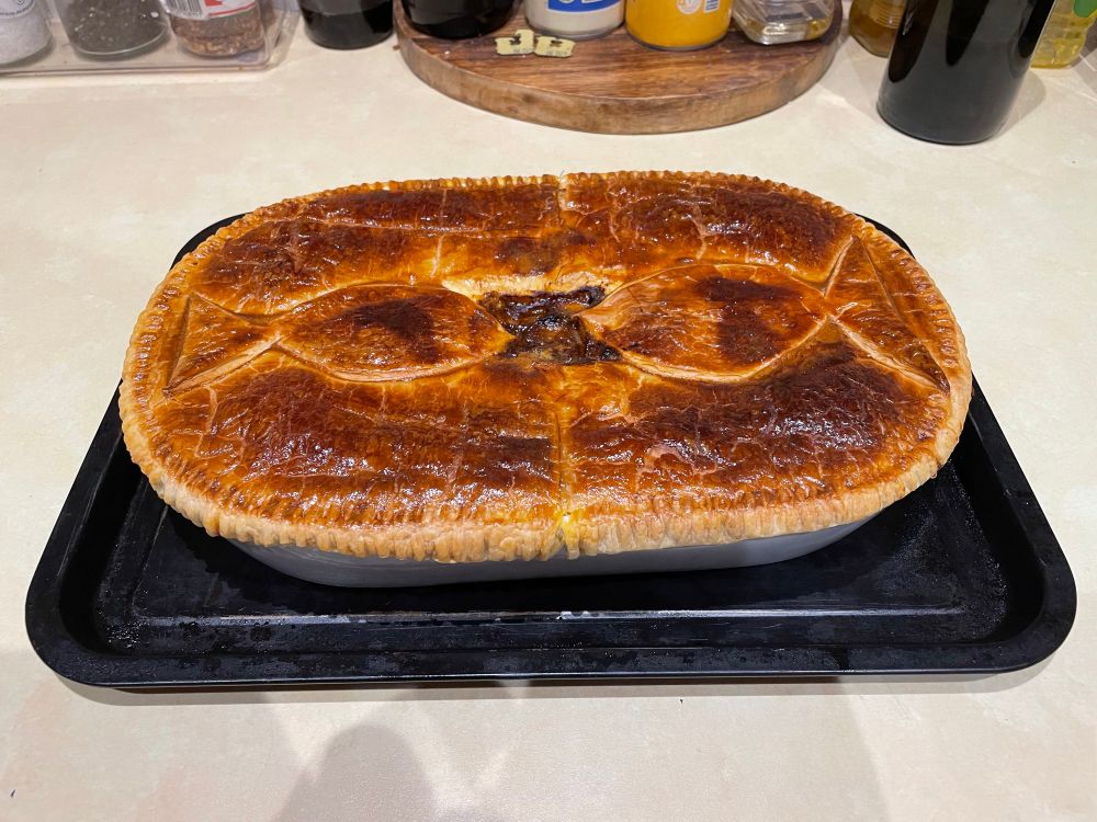 Steak, red wine & mushroom pie with two simple, hastily carved cartoon fish on the top of the pastry