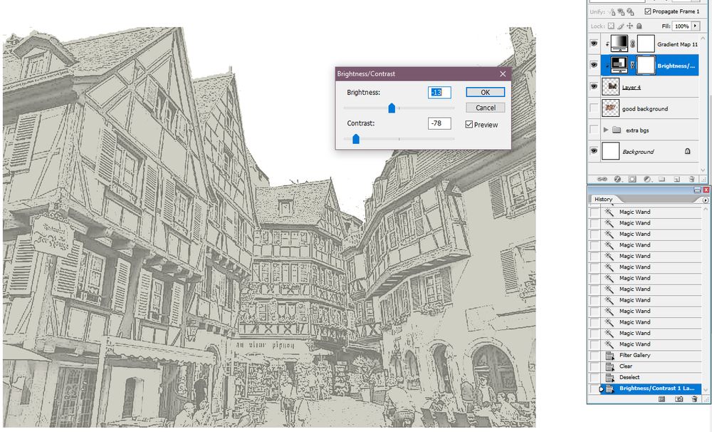then he fiddles with the brightness and contrast until it creates a sort of pale line-art appearance, though still recognizably a photograph, so the quality of this technique is far from perfect.