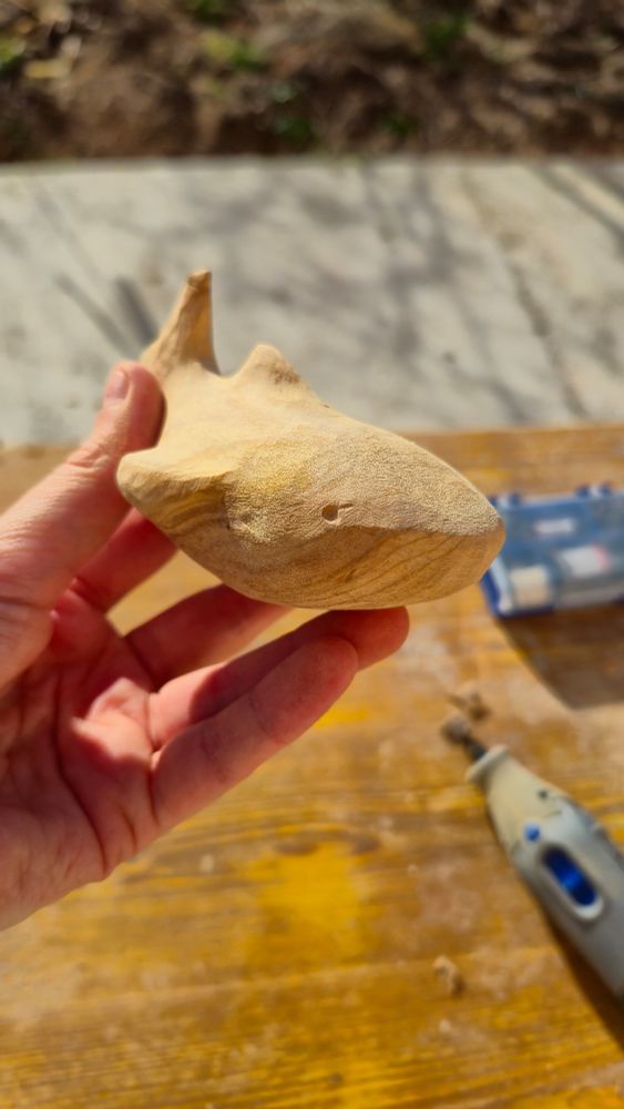 a hand holds up a small wooden (olive wood with some nice patterns) handcrafted whale shark in a sunny location