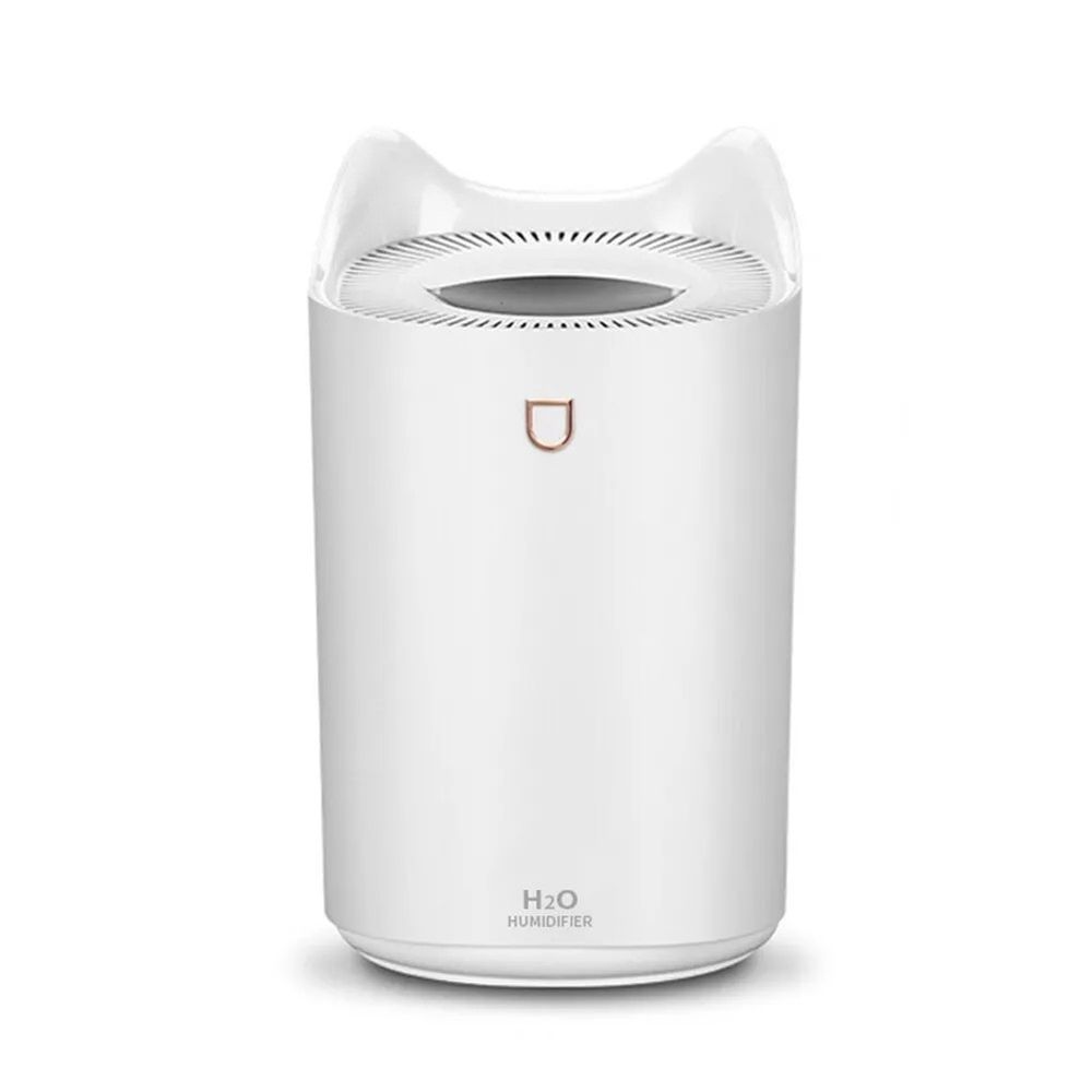 a streamlined white cylindrical 2 liter humidifier with cat ears on the top edge