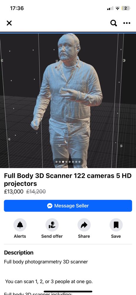 FB marketplace listing for a full body 3d photogrammetry scanner, pictured is some bloke who’s been scanned in—listing says no returns