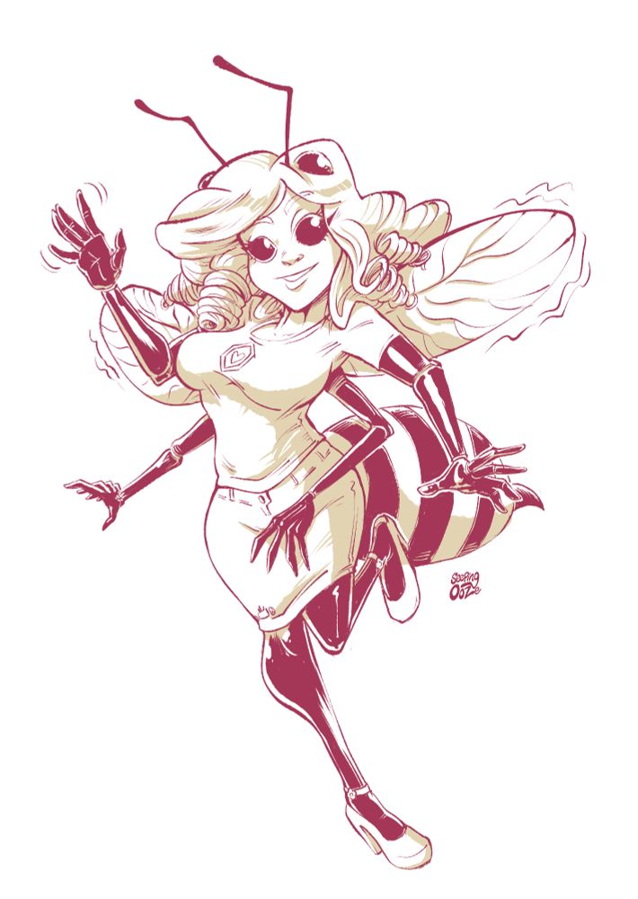 A sketch of a bee-girl wearing a t-shirt and short skirt. Drawn by Seeping ooze. The character is Aaaac's OC Queenie.