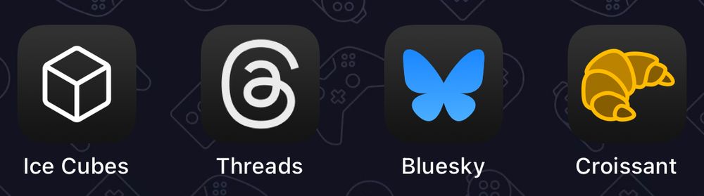 Ice Cubes (Mastodon), Threads, Blue Sky, and Croissant (for cross network posting) icons.