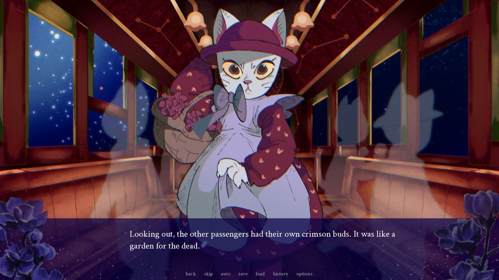 Screenshot of Sorekara: end of a journey
Inside an old fashioned wooden trolley with the night sky outside, a white cat in a matching red dress and hat carries a basket of flowers. Behind her are many ghost cats.