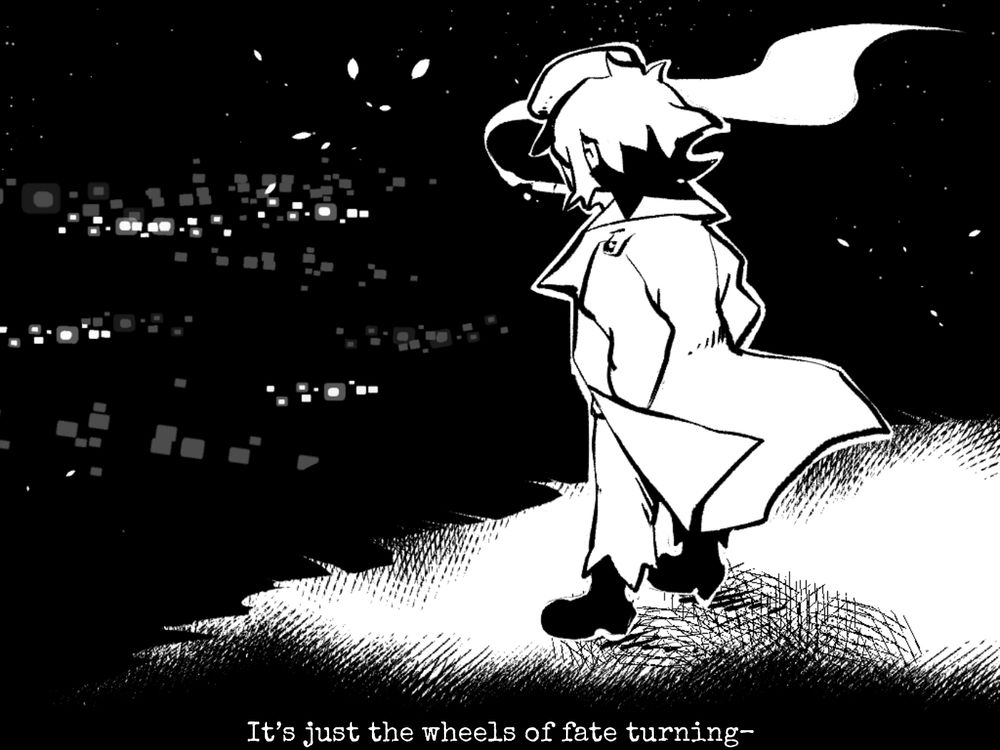 Screenshot from Reaper's Goodbye.
Black and white old fashioned drawing of a man in a long coat smoking while overlooking the city lights. He says "It's just the wheels of fate turning--"