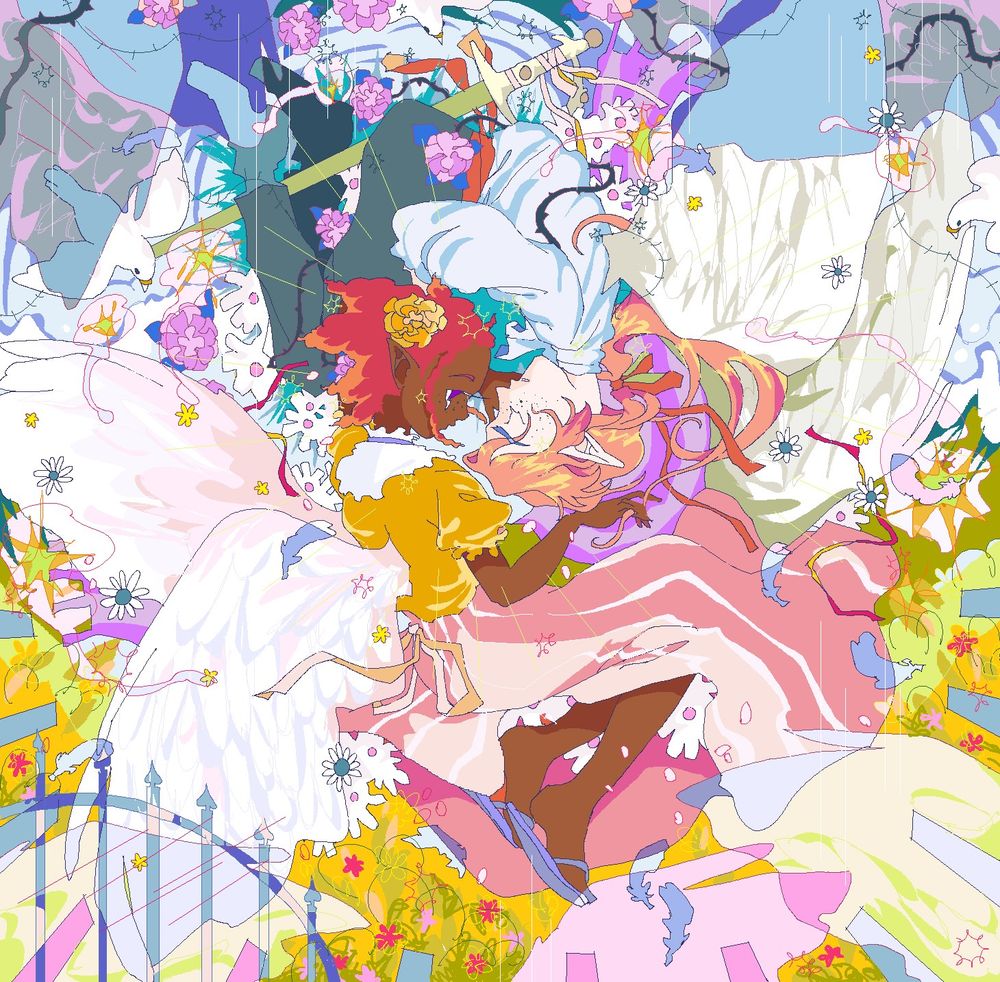for heavensword :)) their angel characters in a bright garden, light showering down on the two with lots of flowers and ripples.