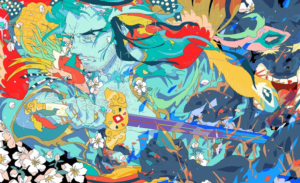 thank you xarthiel for commissioning me! this is mspaint art of their swordsman with a phoenix over his shoulder, covered in flames, blood and apple blossoms. off to the right a demon with teeth bared. 