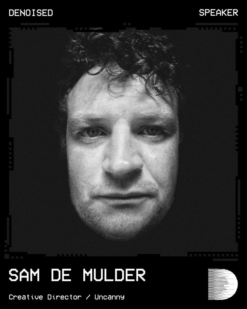 A portrait of Sam De Mulder, annoucing them as a speaker for the DENOISED digital art conference on November 29, 2025 in Antwerpen, Belgium