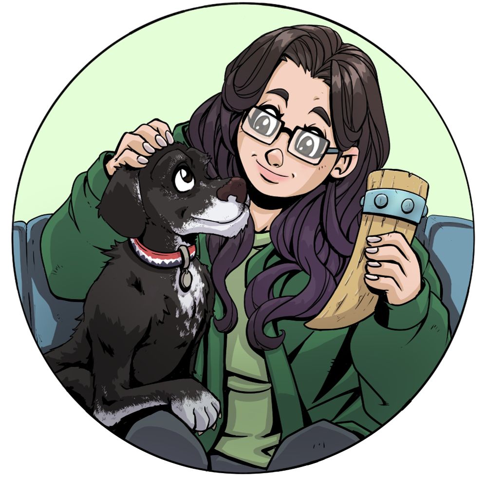 An older black down looks up at a woman holding a drinking viking horn