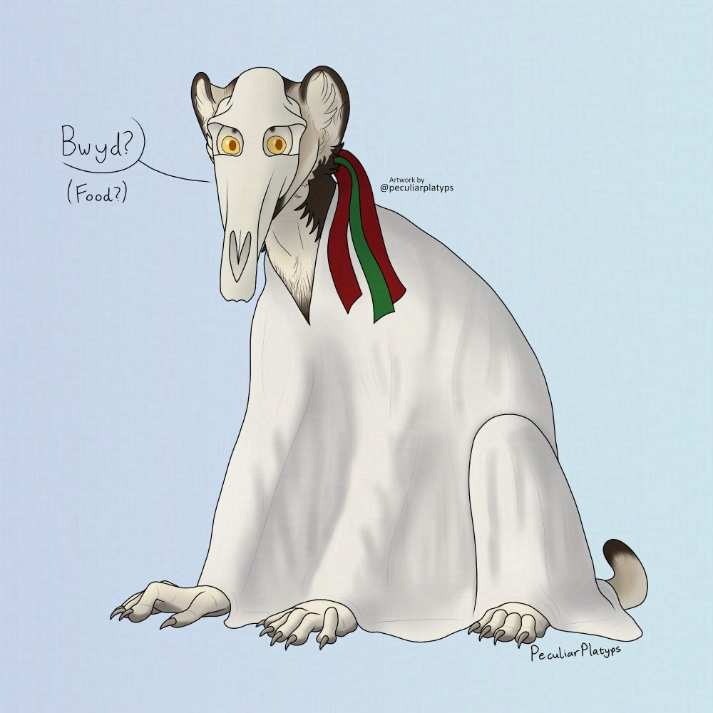 Digital drawing of @micahsecole's OC Kyri, a sphinx, dressed as the Mari Lwyd (wearing a horse's skull decorated with ribbons as a mask, and a white sheet). He is sitting, looking towards the camera and asking "Bwyd?" (Welsh for "Food?")