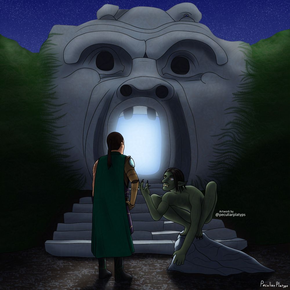 Digital drawing of a figure in a green cloak (with a visible metal arm) standing facing away from the viewer, taking to a long-limbed Gollum-like troll crouched on a rock. A large statue of a face yawns behind them, its mouth containing a glowing portal.
