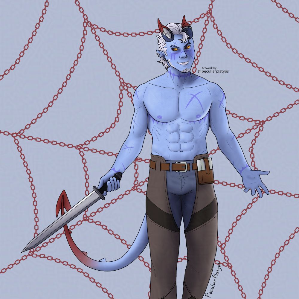 Digital drawing of a shirtless tiefling with blue skin, white hair, and red tips to his horns and tail. He is standing with his arms spread out, holding a sword in one hand, and a grin on his face, as if looking forward to impending violence.