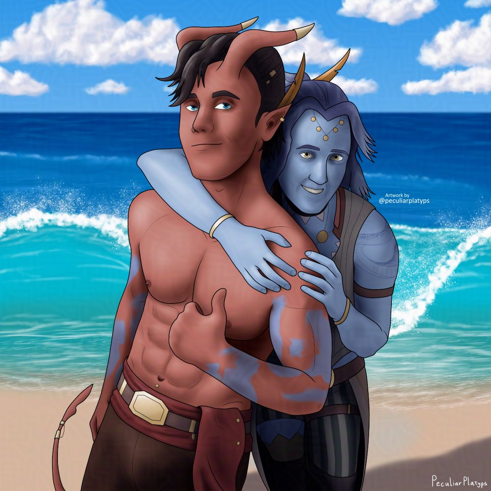 Digital drawing of a red-skinned tiefling man and blue-skinned genasi woman standing on the beach in front of a crashing wave. The man is shirtless and giving a thumbs-up to the camera, while the woman has her arms around him and is grinning towards the camera.