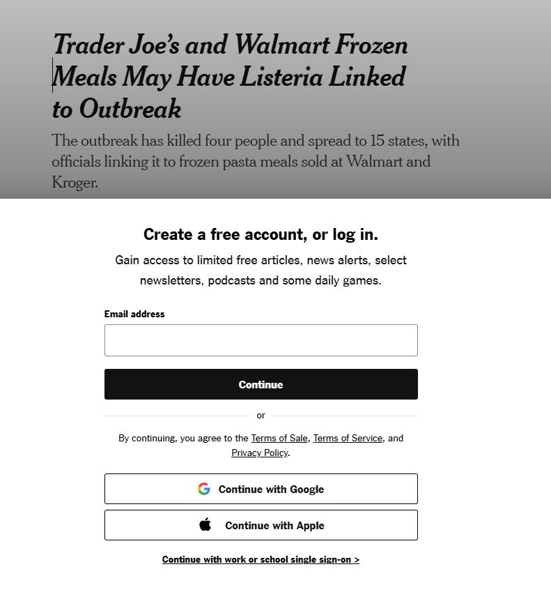 Headline: "Trader Joe's and Walmart Fozen Meals May Have Listeria Linked to Outbreak", the written article with the actual helpful information is covered by an account login page.