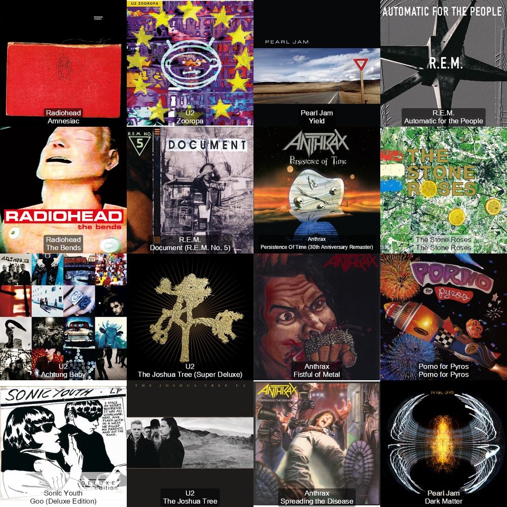 My music Topster for the week featuring Radiohead, U2, Pearl Jam, R.E.M., Anthrax, The Stone Roses, Porno For Pyros, and Sonic Youth