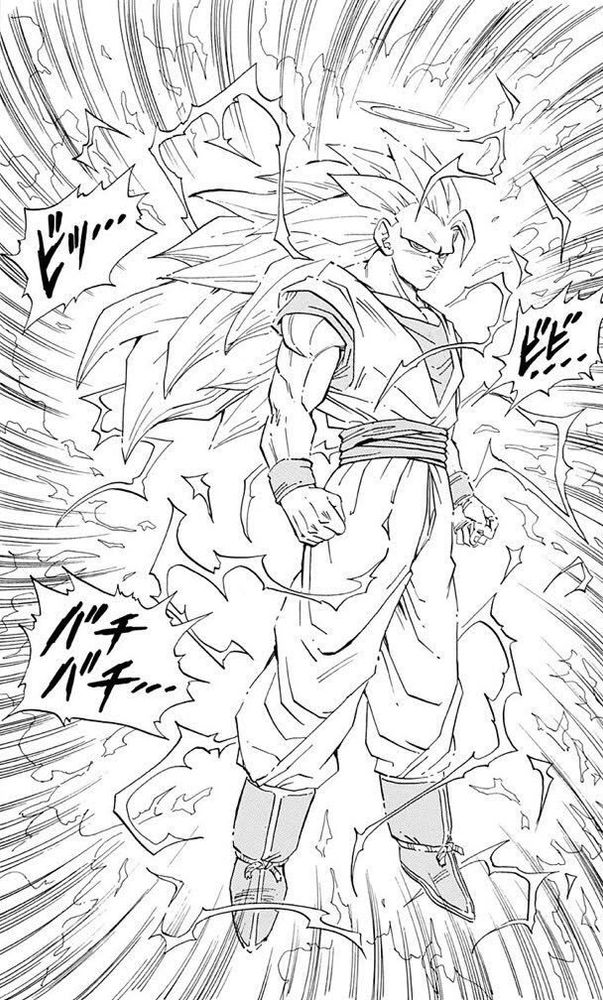 Panel from Dragon Ball manga after Goku goes Super Saiyan 3 for the first time.