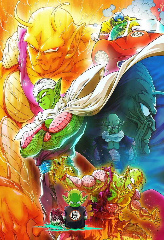 Drawing with many Piccolos. At the bottom, baby Piccolo in the front with Piccolo taking Nappa's blast behind him. Regular Piccolo with his arms crossed is behind them and inside his flowing cape is Nail and Kami. Top right is Piccolo driving a car and Orange Piccolo looms large behind them all. 