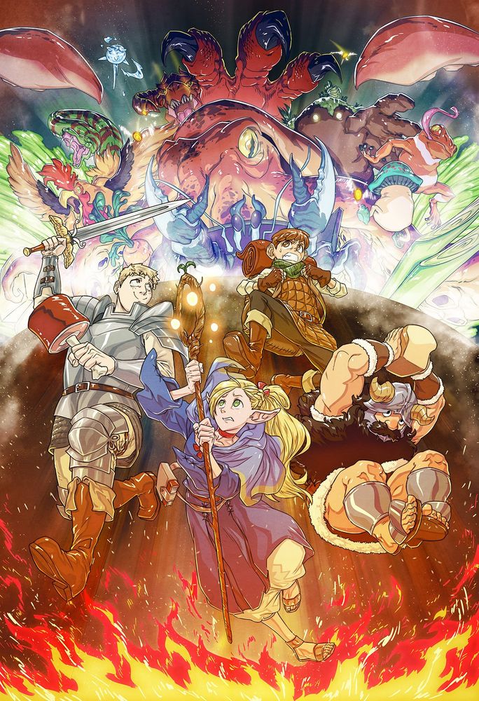 Dungeon Meshi piece, Laios, Marcille, Senshi and Chilchuk are jumping from a giant pot that is full of monsters and some veggies. 