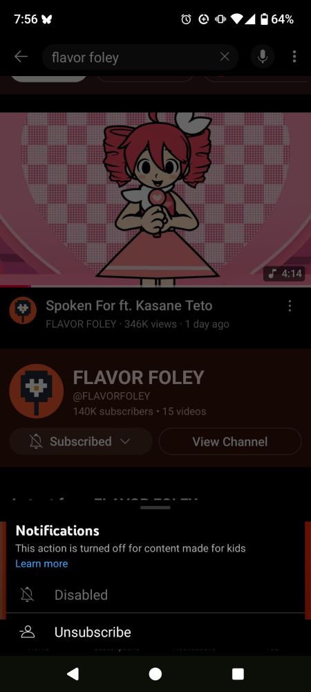 A screenshot of the notification settings on Flavor Foley's official YouTube channel. Notifications are disabled because the channel is marked as content for kids.