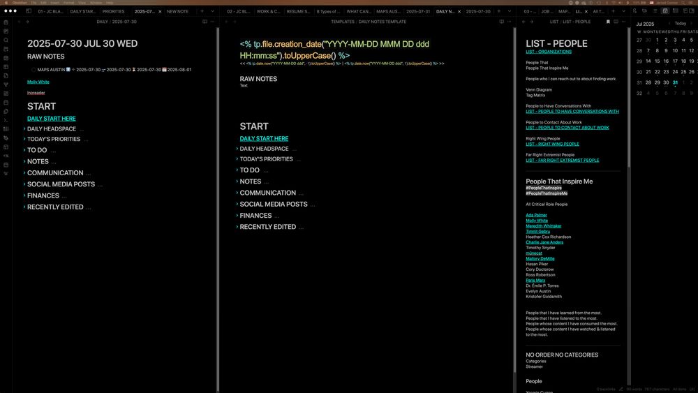Screenshot of Obsidian note taking system. Modifying a daily note template. 