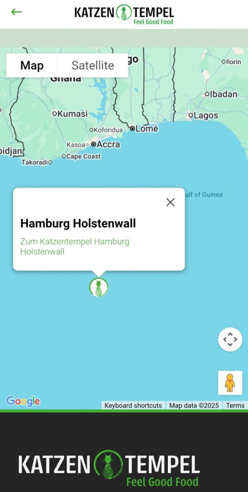 Screenshot der Weltkarte in der Katzentempel App. Es zeigt den Katzentempel Hamburg Holstenwall inmitten des Golf von Guinea.