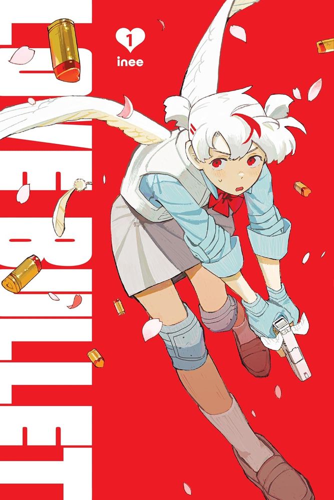 Cover image for the yuri manga Love Bullet, Vol. 1. Against a red background, a girl with white hair tied back in short pigtails, wearing a white sweater vest over a blue button down shirt with a red neck ribbon and a tan skirt with knee pads, socks, and loafers, holds a white winged handgun with both hands and run, with white feathered wings stretched out from her back.