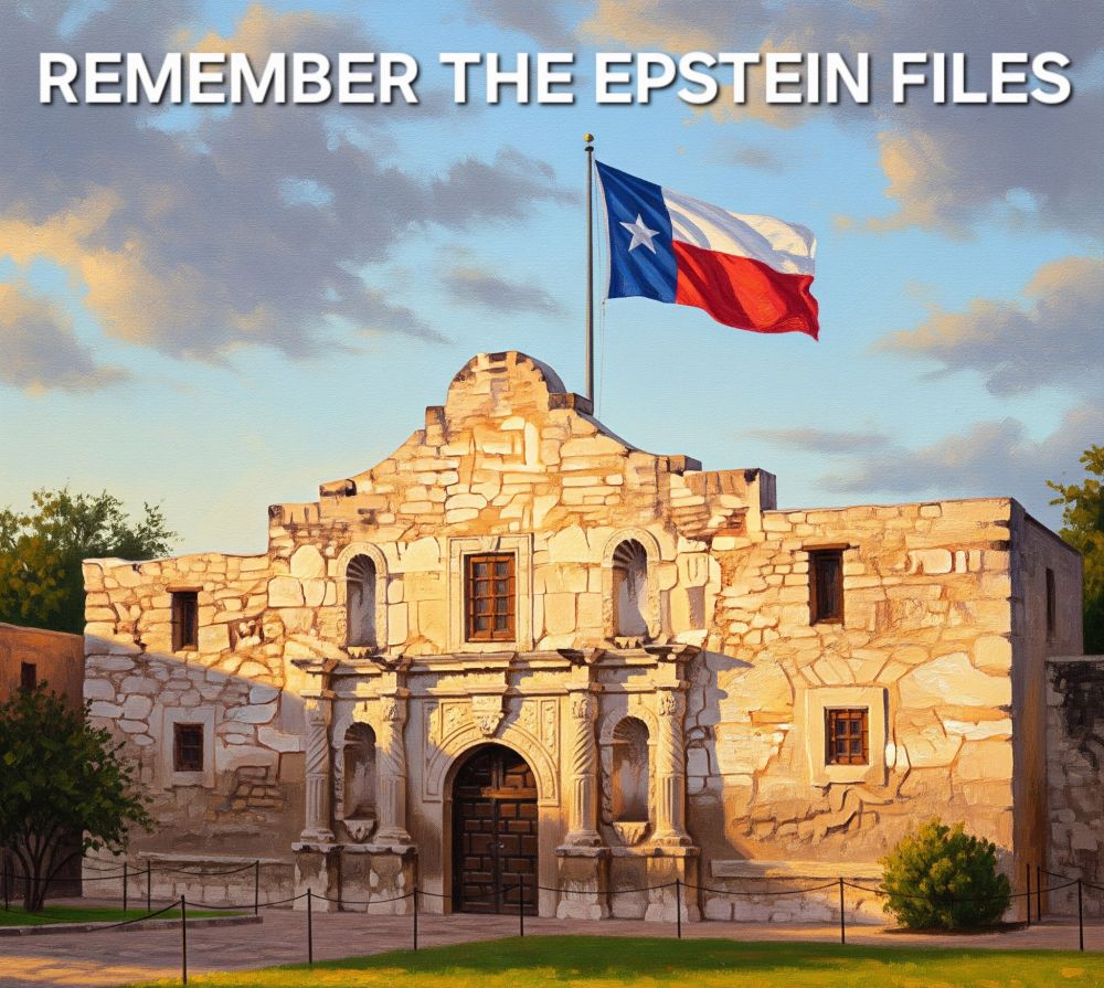 An image of the Alamo with the Texas flag flying over it and the words 