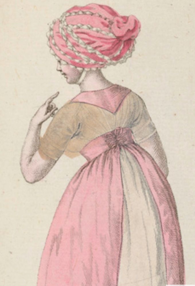 Les Modes fashion plate, lady with the pink hat with white edging, white underdress, and pink pinafore.