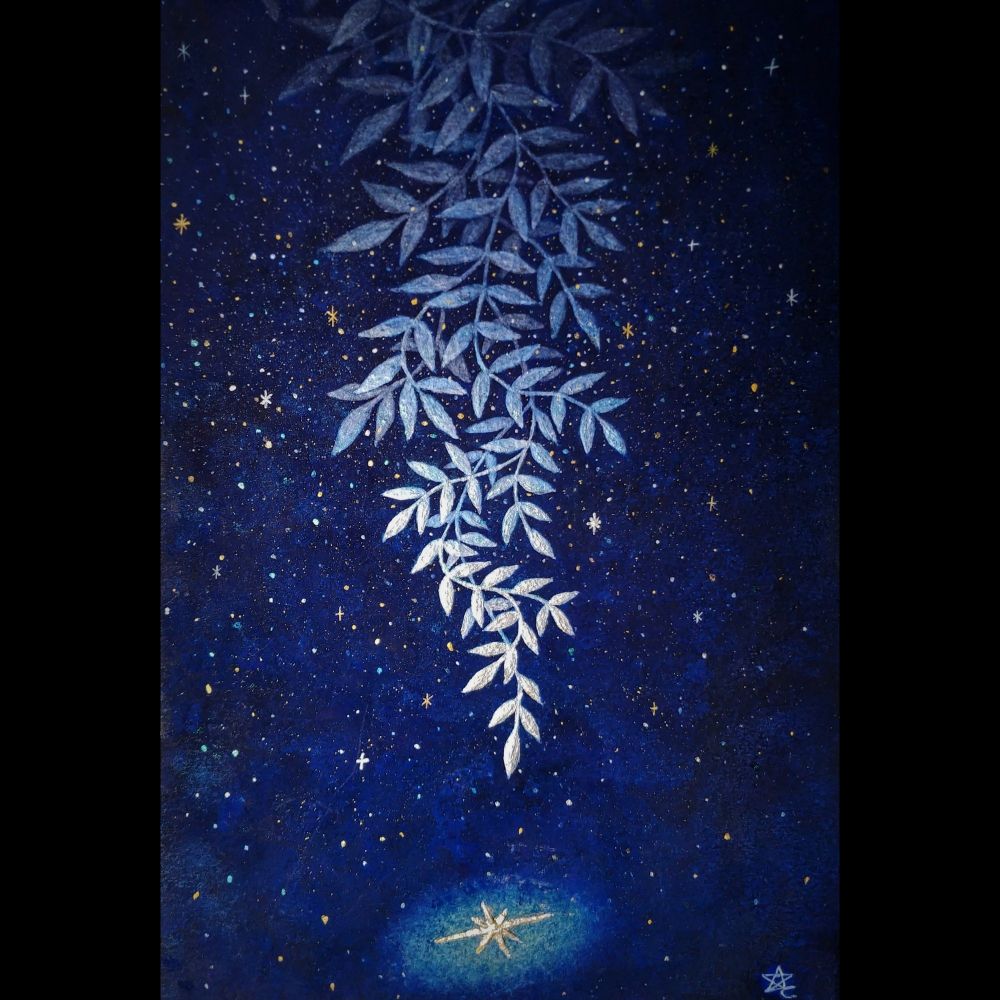 僕の星という題の絵。
夜空や宇宙のような空間の中に、ひときわ大きく輝く星がある。画面上部から銀色の蔦がその星に向かって枝葉を伸ばしている。