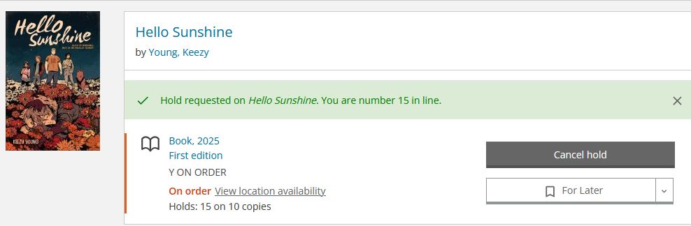 Screenshot from library catalog showing I am number 15 in line on 10 copies.