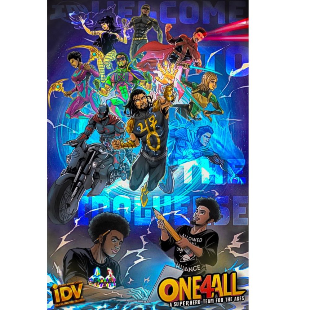 Explosion of a bunch of superheroes and their creators on a multicolored electrifying poster