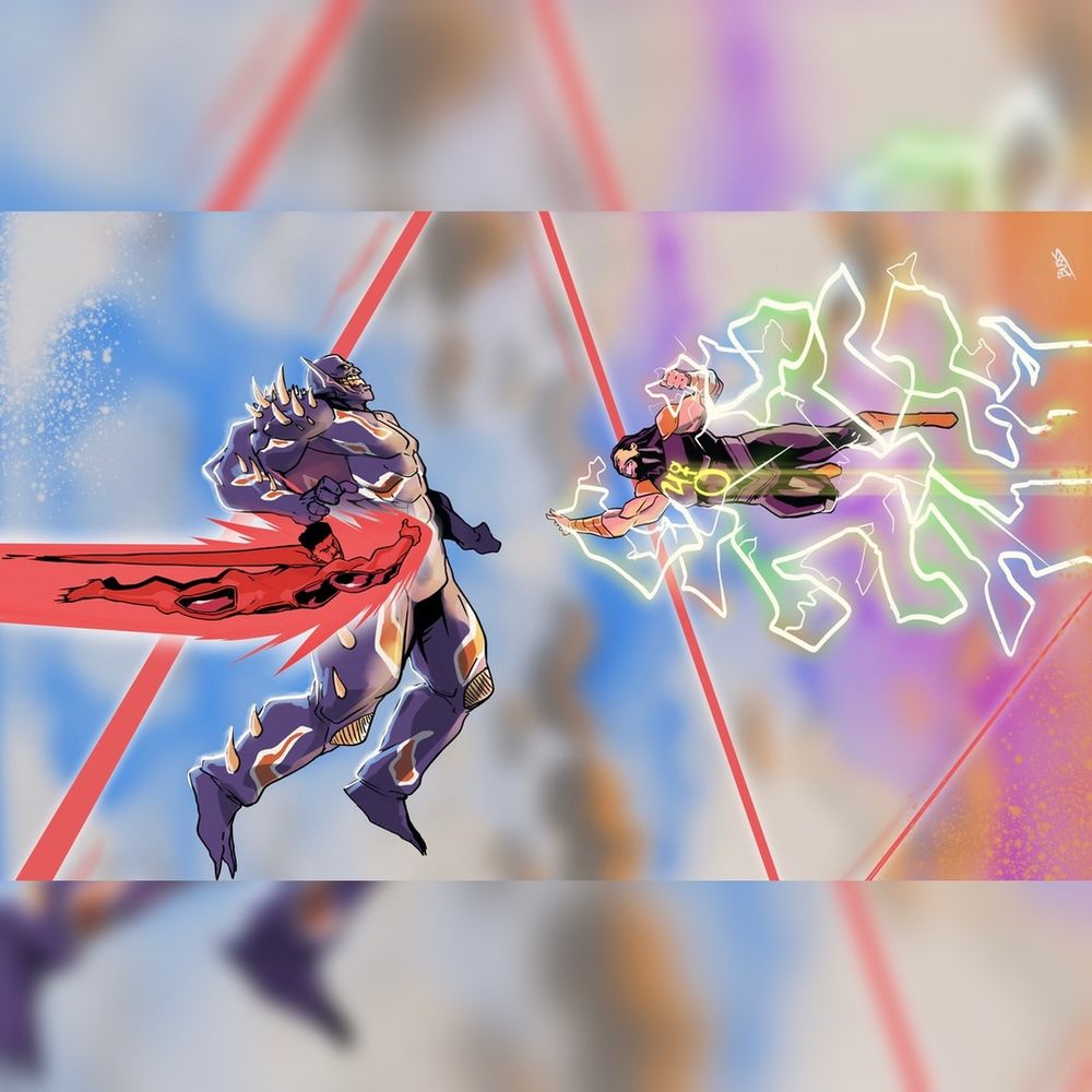 “Dynamic battle scene featuring a futuristic armored warrior with a glowing red energy blade facing off against a lightning-charged hero mid-flight.”