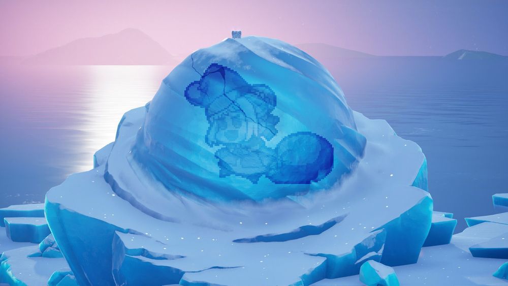 a chibi girl wearing a santa outfit is frozen inside a big ball of ice atop an iceberg. there's a big crack in the ice.
