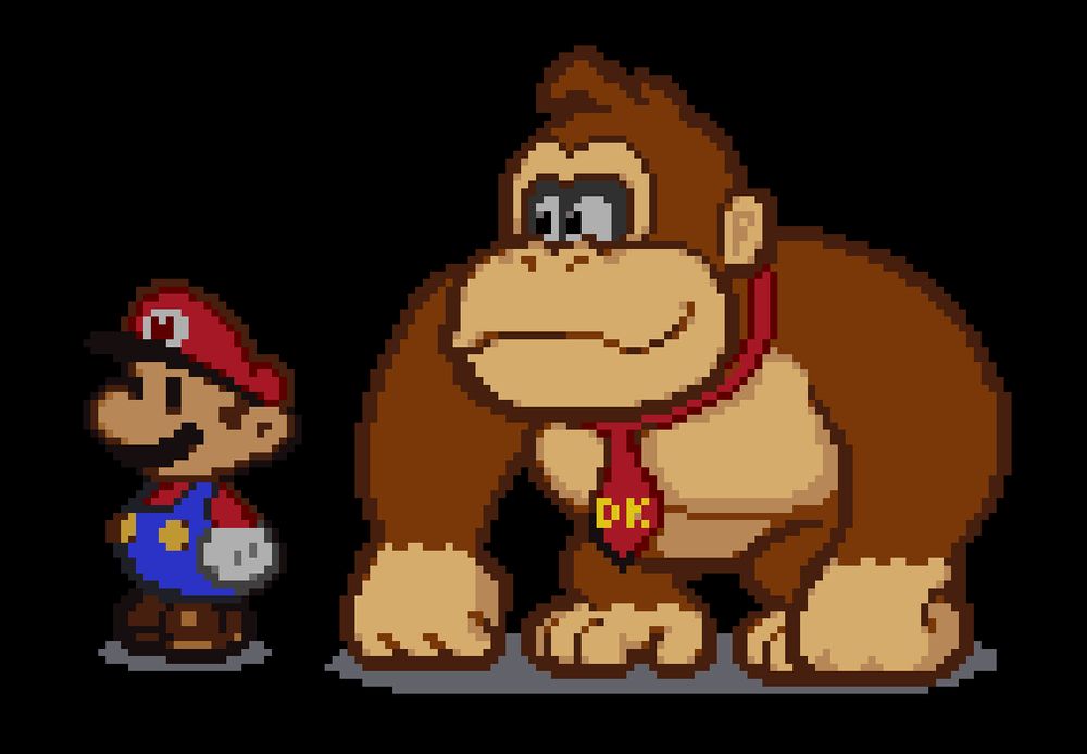 cartoony pixel art of a large gorilla wearing a red tie that has "DK" on it, alongside mario from Paper Mario