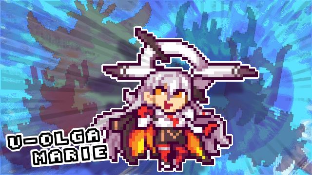 pixel art of U-Olga Marie from fate grand order with menacing silhouettes in the background behind her