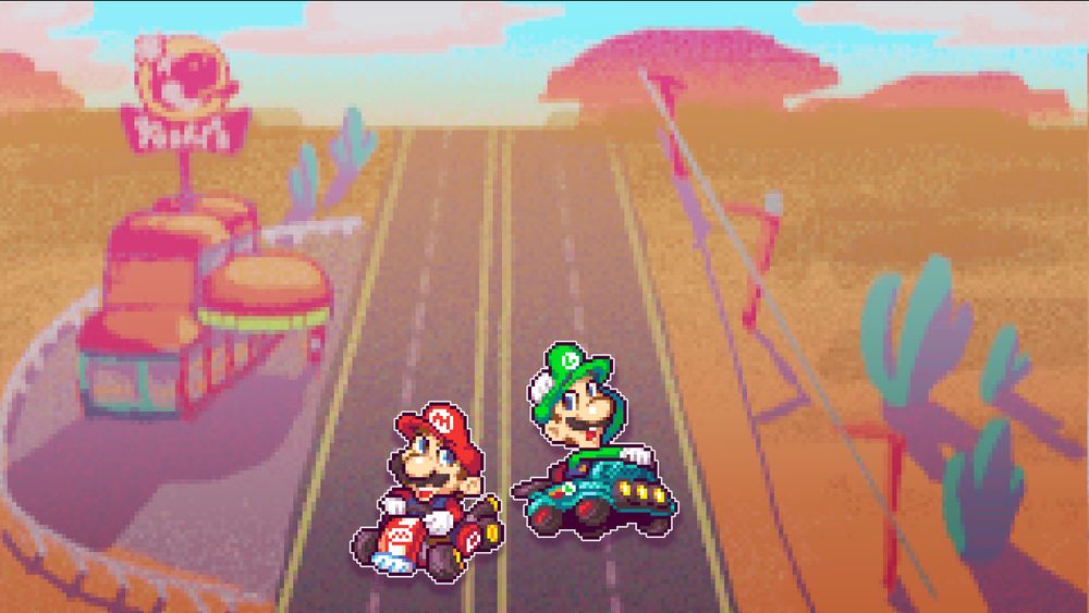 mario and luigi driving go-karts through a desert past a burger joint.