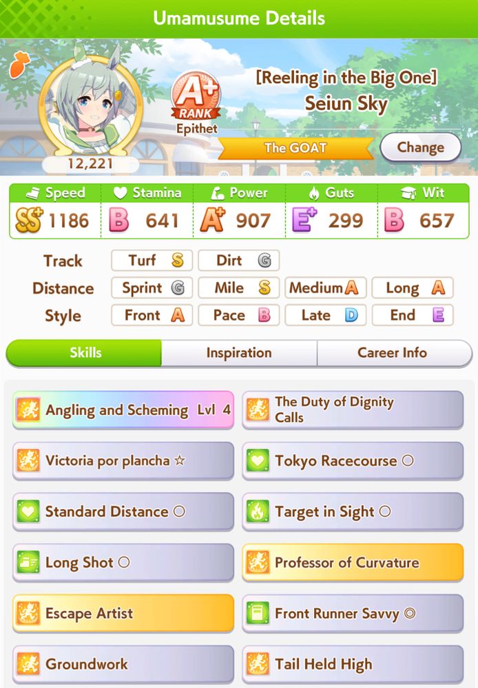 Image of Uma Musume: Pretty Derby character stats screen.
[Reeling in the Big One]
Seiun Sky
A+, Rank Points: 12,221
Epithet: "The GOAT"
Speed 1186, Stamina 641, Power 907, Guts 299, Wit 657
Track: Turf S, Dirt G
Distance: Sprint G, Mile S, Medium A, Long A
Style: Front A, Pace B, Late D, End E
Skills:
Angling and Scheming Lvl 4 , The Duty of Dignity Calls, Victoria por plancha *, Tokyo Race Course O, Standard Distane O, Target in Sight O, Long Shot O, Professor of Curvature, Escape Artist, Front Runner Savvy OO, Groundwork, Tail Held High