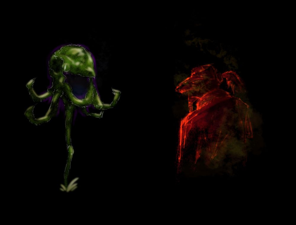 Creature on the left is called a "Scarecrow". Get close to it and it screams and flails, hurting anything nearby.
Creature on the right is called "Figure" and I don't know what it does.