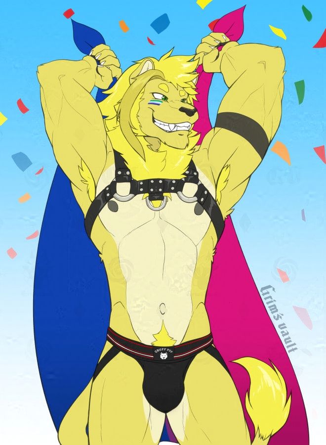 Anthropomorphic lion holding up a bisexual pride flag behind his back, donning a jockstrap and a chest harness.