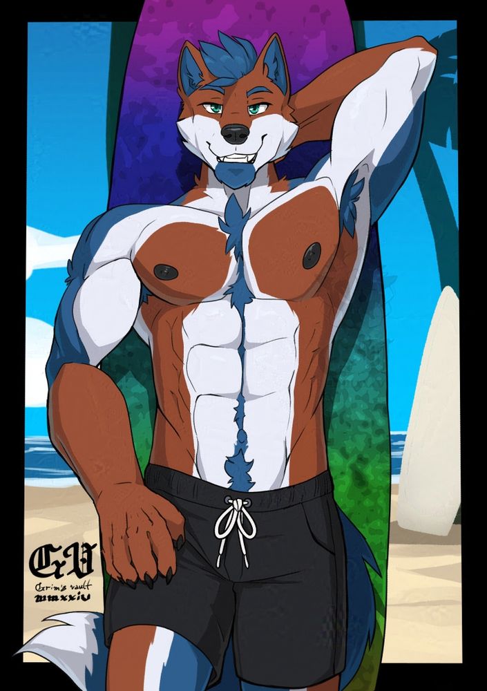 Anthropomorphic male wolf wearing swimming trunks on the beach posing leaning on his surfboard