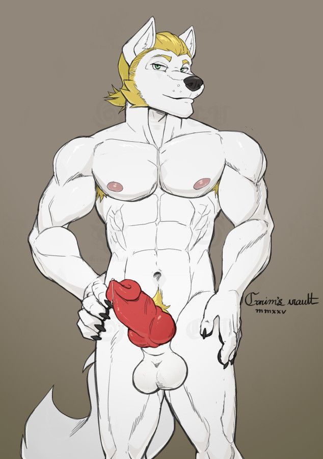 Anthropomorphic muscular wolf posing naked and erect