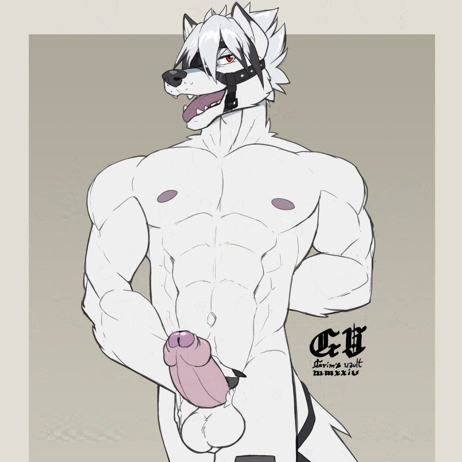Fanart of wolfman butler character Von Lycaon from Zenless Zone Zero, except naked, grabbing his genitals and spotting a horny sneer