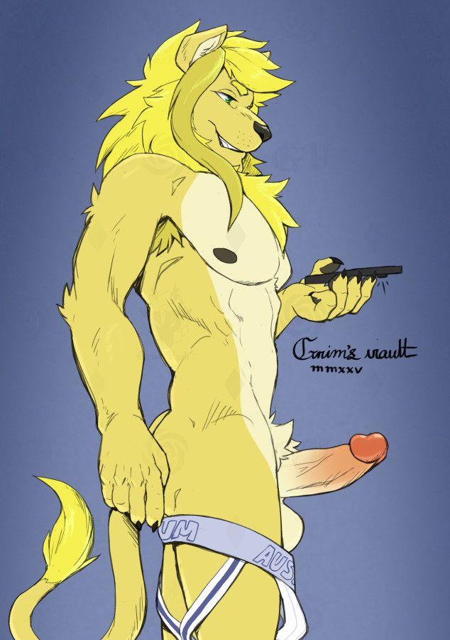 Anthropomorphic male lion viewed by the side with his jockstrap down taking a dick pic with his phone.