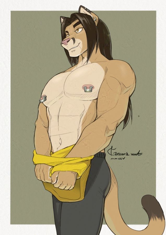 Muscular anthro mountain lion taking off his shirt.