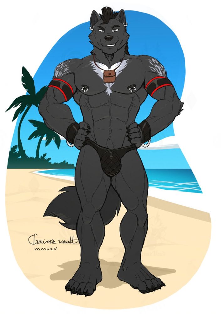 Muscular werewolf in a standing pose with his hands on hips at a tropical turquoise beach, wearing a leather speedo, armbands and bracelets.