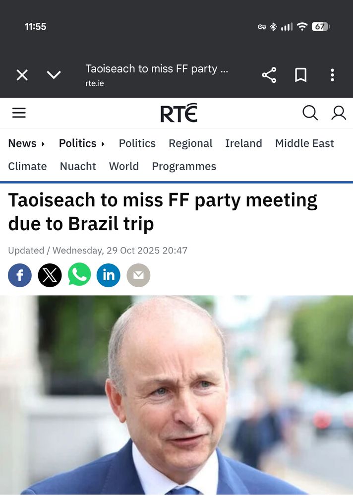 An RTE news headline saying that the Taoiseach will miss Fianna Fáil party meeting due to Brazil trip 