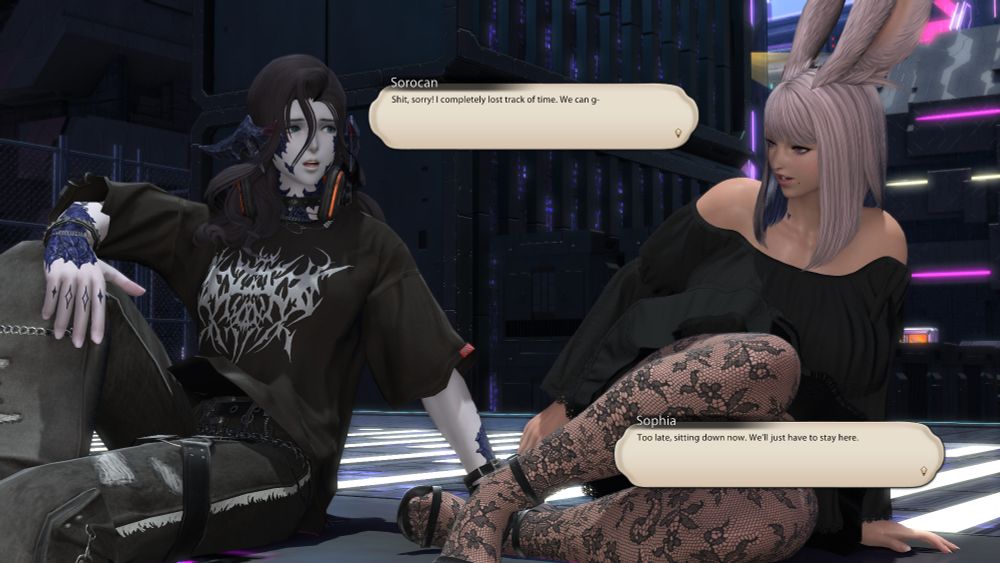 Startled, Sorocan sits up, turning towards Sophia. "Shit, sorry! I completely lost track of time. We can g-" she begins to apologize.

"Too late, sitting down now. We'll just have to stay here." Sophia cuts her off, perching herself down besides Sorocan.