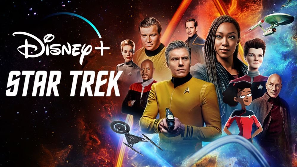 Photo shows various Star Trek characters from all of the various series with a Disney+ logo. 