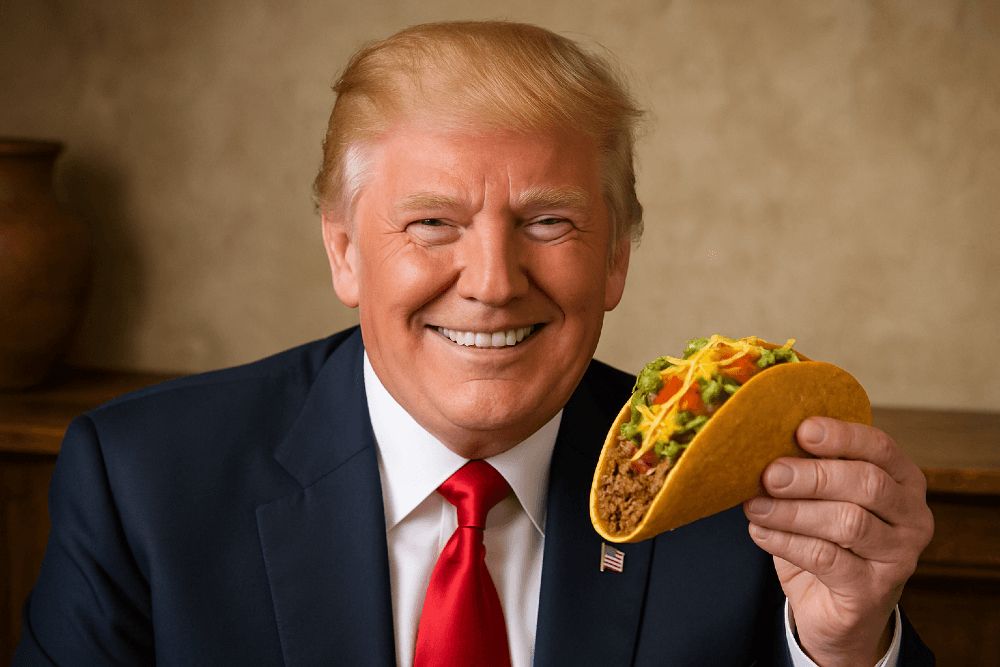 Donald Trump smiling and holding a taco