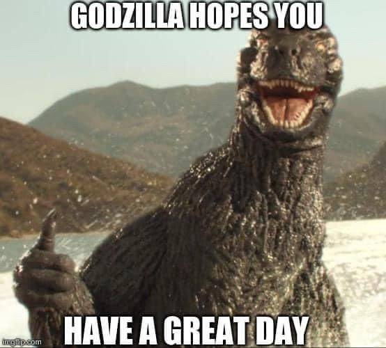 A giant dinosaur creature emerging from the ocean giving a thumbs up sign. 